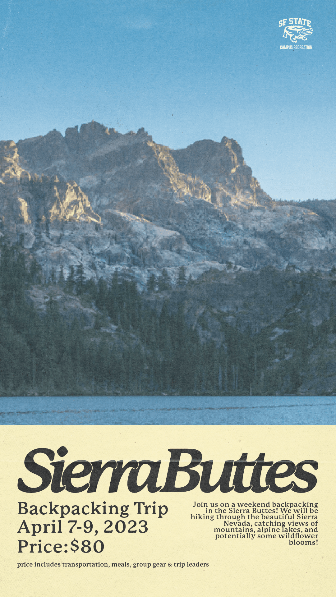Instagram story for a Sierra Buttes backpacking trip, with the buttes above a cream information panel.