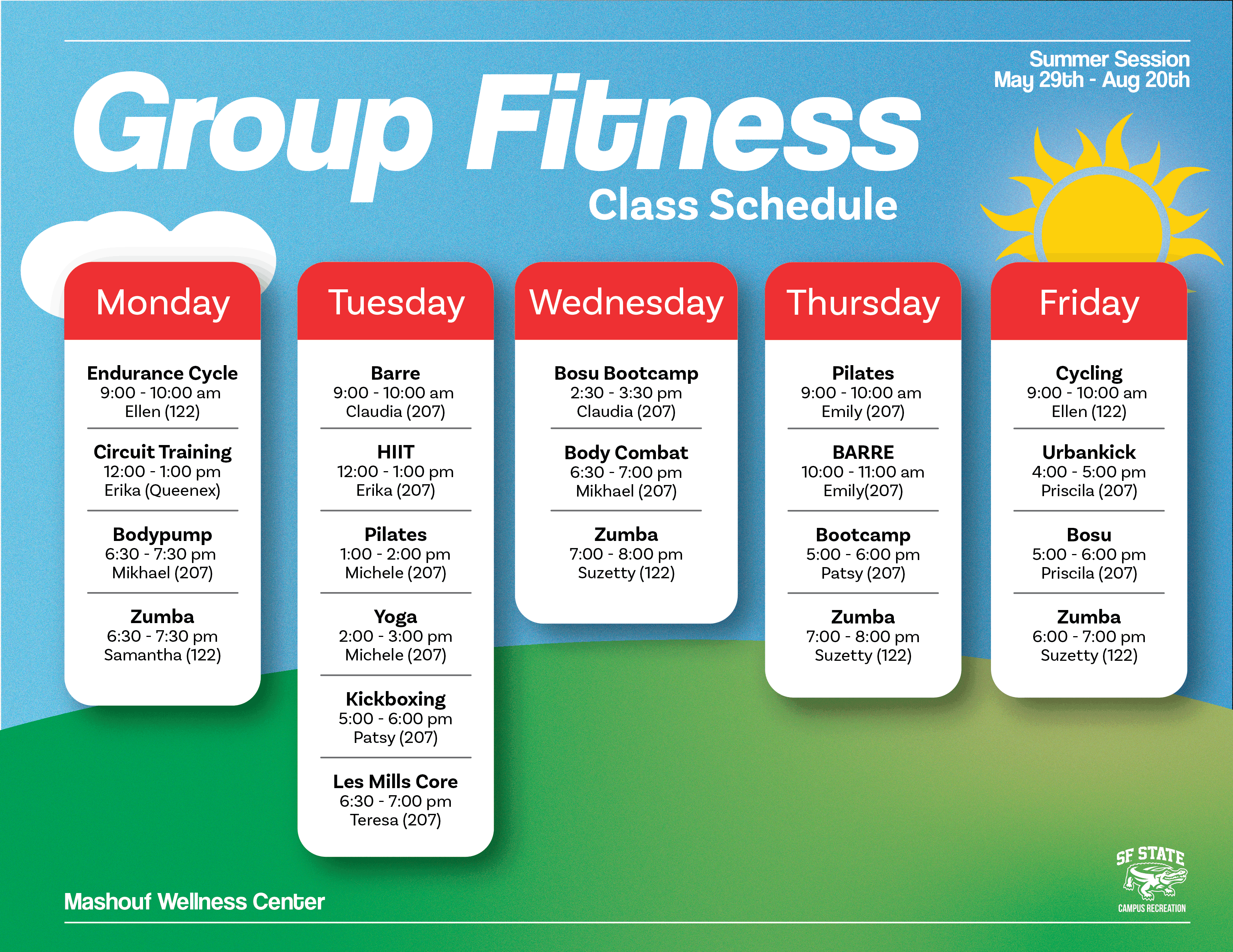 Group fitness summer class schedule on a sky, hill, and sun background.