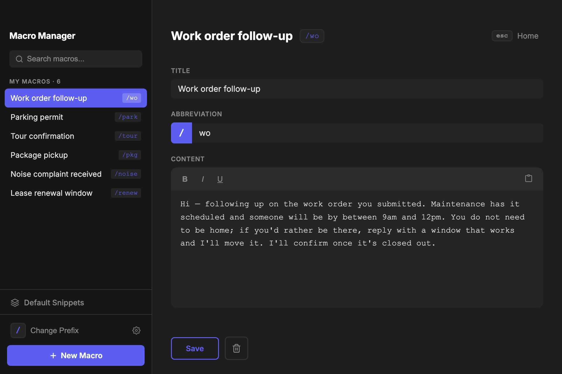 The Macro Manager editor: a title field, the split abbreviation control with a filled indigo slash badge, and a large content field below it.